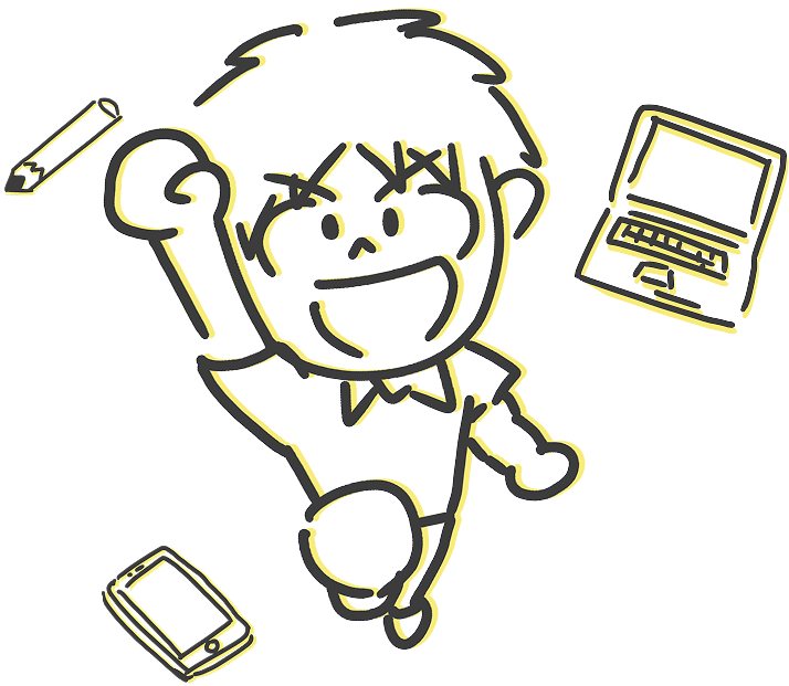 ケンのイラスト（パソコン、スマートフォン、ペン）です。