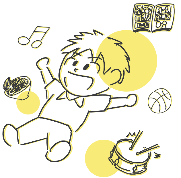 ケンの好きなもの（漫画、音楽、ラーメン、バスケットボール、ドラム）のイラストが映っています。