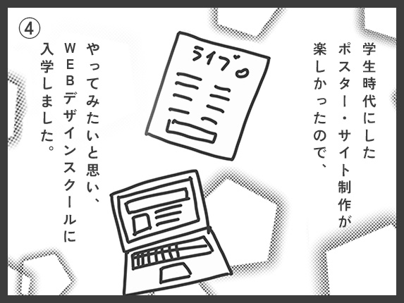 学生時代にしたポスター・サイト制作が楽しかったので、やってみたいと思い、WEBデザインスクールに入学しました。
